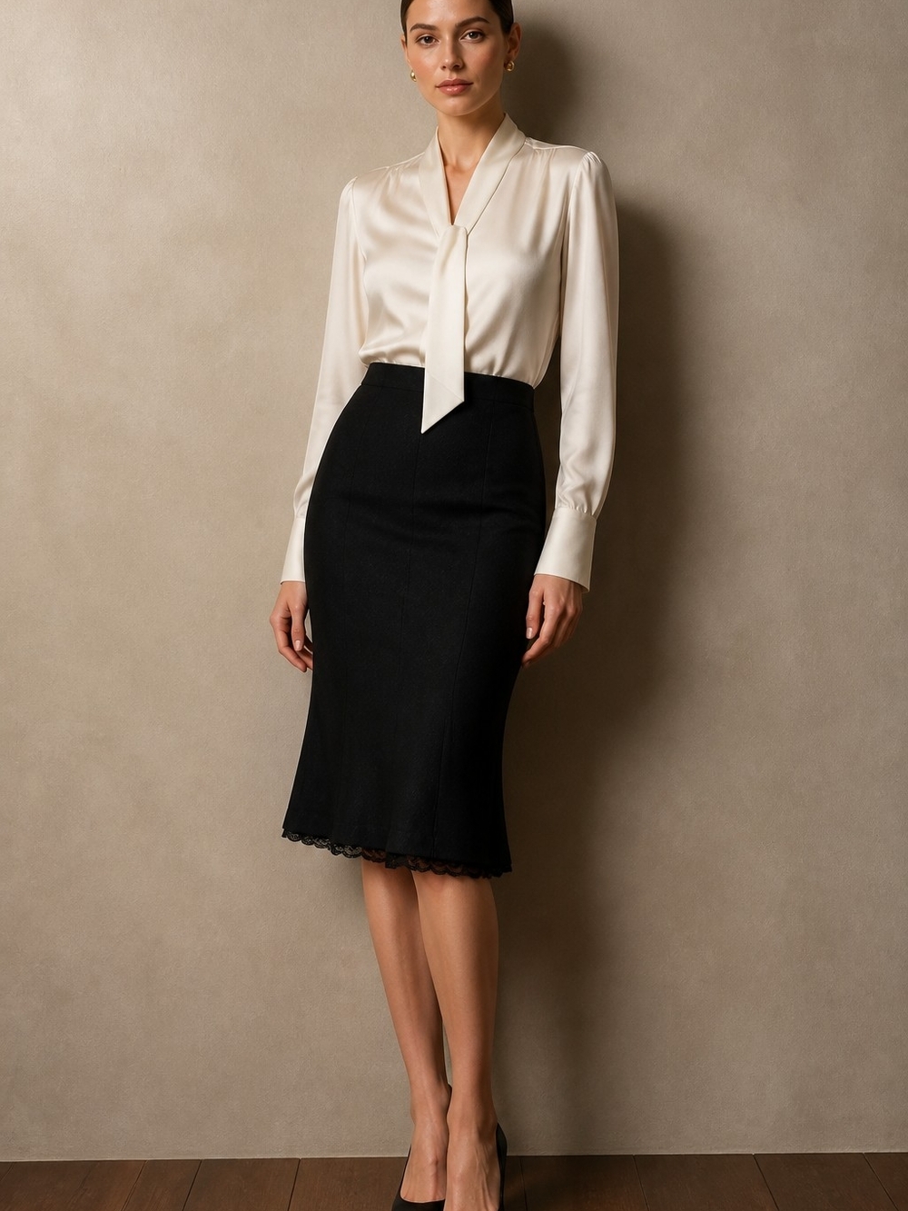 Dolce VIBES Wool Black Pencil Skirt with Subtle Lace Hem Trim